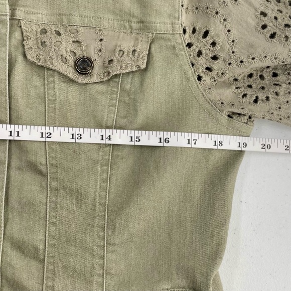 Diane Gilman DG2 Sage Green Denim Lightweight Eyelet Sleeve Hooded Jean Jacket - Picture 8 of 10